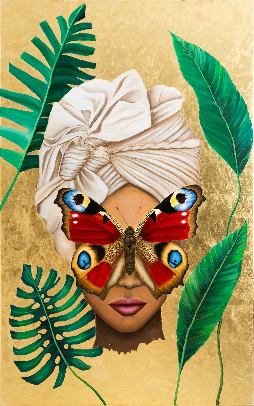 Painting of a woman called Butterfly Woman with a large colorful butterfly covering her eyes and green leaves on gold background.