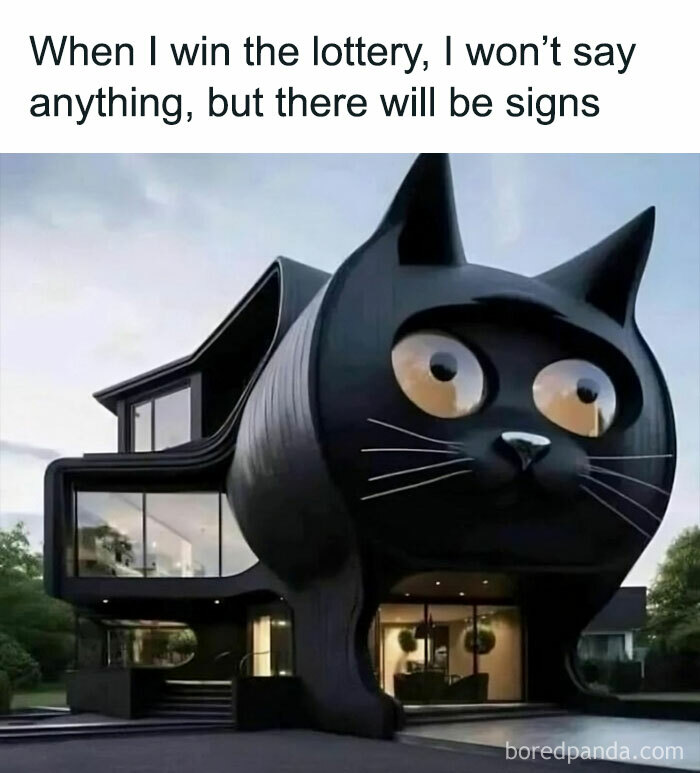 A house built to look like a giant cat, with humorous text about winning the lottery, blending cute and funny meme styles.