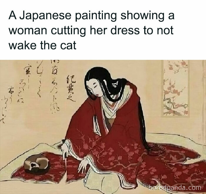 Woman cutting dress to not disturb a sleeping cat in Japanese painting; illustrates funny cat meme.