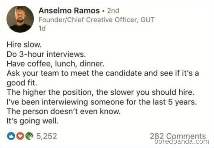 Screenshot of a social media post showing extreme hustle culture advice about prolonged hiring and interviews.