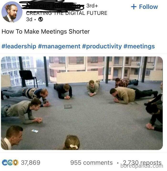 Group of people in an office doing planks during a meeting, illustrating hustle culture and losing touch with reality.