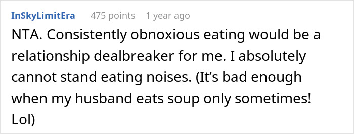 Screenshot of a forum comment discussing how obnoxious eating noises can be a relationship dealbreaker.