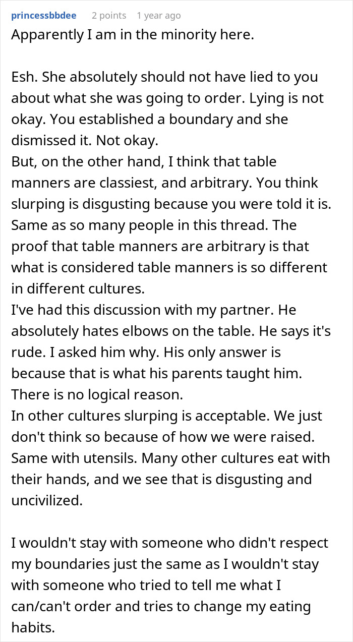 Woman orders spaghetti despite promise to boyfriend who immediately leaves restaurant showing upset reaction.