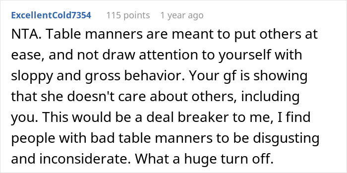 Comment on a forum discussing bad table manners and relationship issues, focusing on girlfriend&rsquo;s behavior at a restaurant.