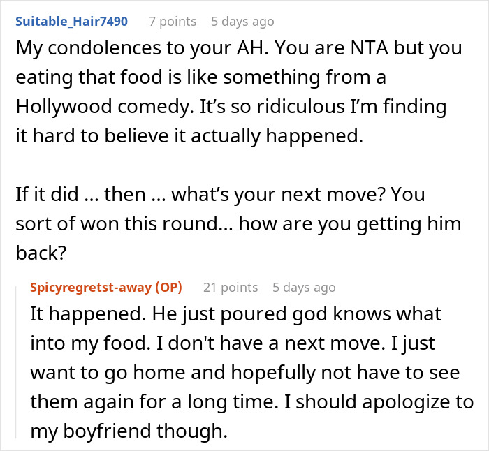 "AITA For Eating The Food My FIL Served Me And Ruining Mine And My Boyfriend's Holiday" "AITA For Eating The Food My FIL Served Me And Ruining Mine And My Boyfriend's Holiday"