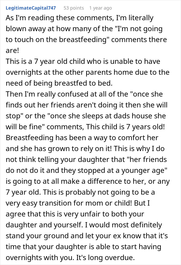 Dad Is Fed Up With Ex-Wife Breastfeeding 7 Y.O Daughter And Saying She’ll Stop “When She’s Ready” Dad Is Fed Up With Ex-Wife Breastfeeding 7 Y.O Daughter And Saying She’ll Stop “When She’s Ready”