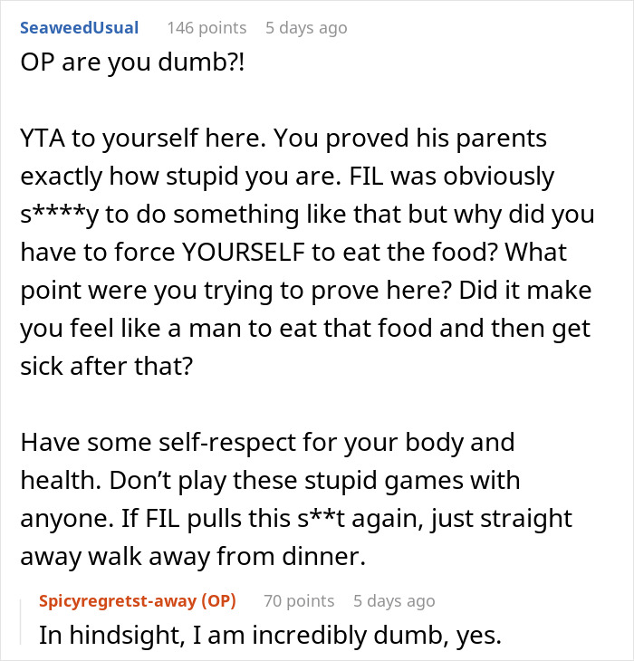 "AITA For Eating The Food My FIL Served Me And Ruining Mine And My Boyfriend's Holiday" "AITA For Eating The Food My FIL Served Me And Ruining Mine And My Boyfriend's Holiday"