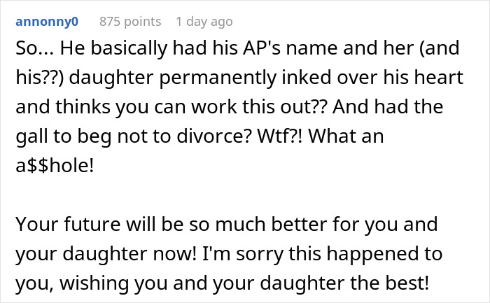 Comment criticizing man's tattoo revealing affair; advice for a better future for wife and daughter. Comment criticizing man's tattoo revealing affair; advice for a better future for wife and daughter.