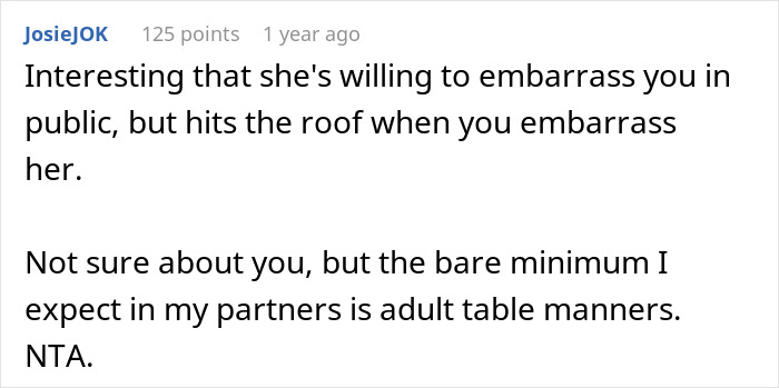 Screenshot of a comment discussing relationship manners after a woman orders spaghetti against her boyfriend&rsquo;s wishes at a restaurant.