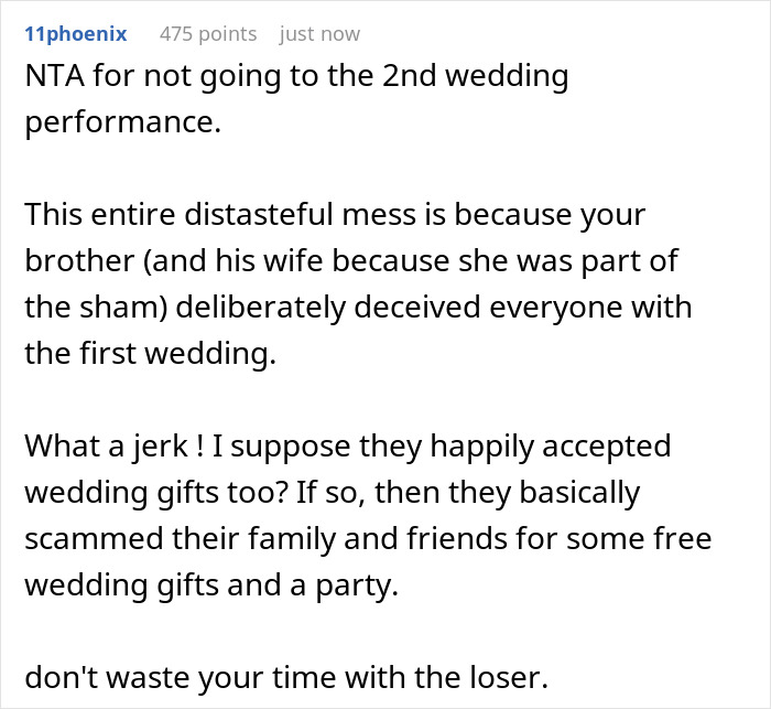 Person Gets Invited To Brother&rsquo;s 2nd Wedding, Says No After They Learn Truth About The 1st One