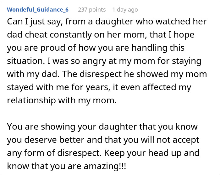 Reddit comment about learning from a parent's affair, expressing support and respect for a strong woman. Reddit comment about learning from a parent's affair, expressing support and respect for a strong woman.