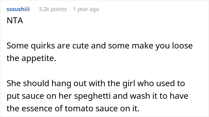 Comment discussing quirks about spaghetti eating habits and differing opinions on sauce preferences in relationships.