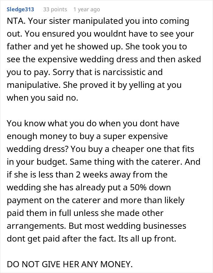 Woman Tries To Guilt-Trip Her Sister Into Paying For Her Massive Wedding With 200 Guests Woman Tries To Guilt-Trip Her Sister Into Paying For Her Massive Wedding With 200 Guests