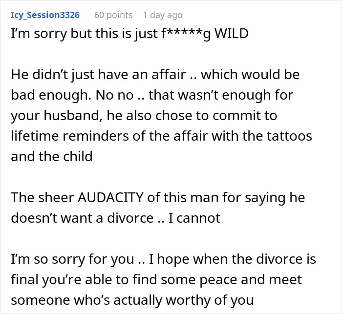 Screenshot of a Reddit comment about a husband's affair and lily tattoo connection. Screenshot of a Reddit comment about a husband's affair and lily tattoo connection.