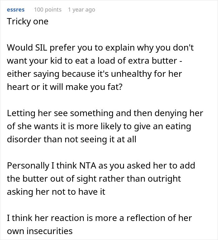 Woman Asks SIL To Stop Putting Butter On Her Food In Front Of Her Daughter