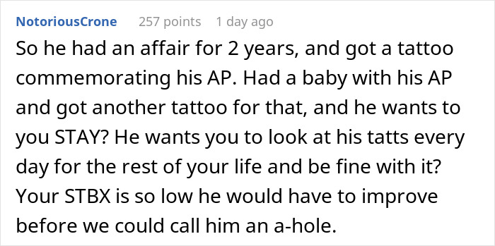 Reddit comment discussing a husband's affair and tattoos, revealing his infidelity to his wife. Reddit comment discussing a husband's affair and tattoos, revealing his infidelity to his wife.