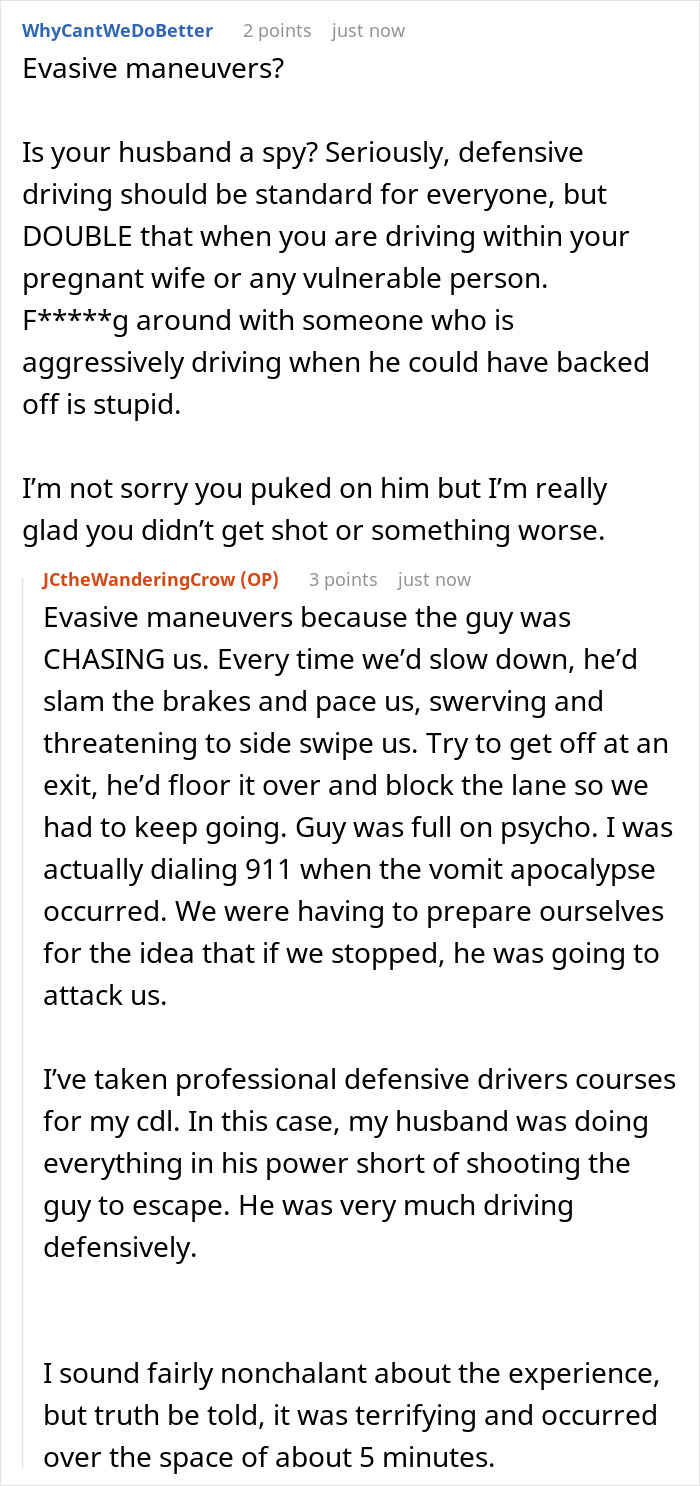 Pregnant Woman Gets Carsick Just As An Aggressive Driver Pulls Up Next To Her Window