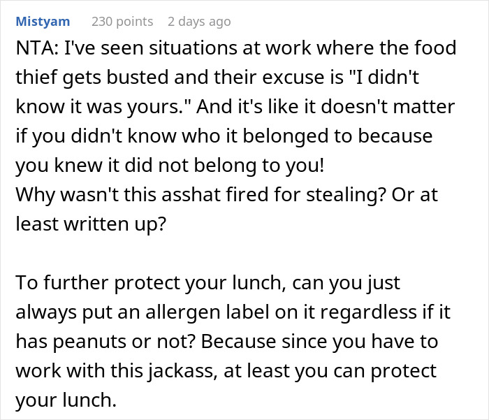 Woman Faces Backlash At Work After A Food Thief With A Severe Allergy Steals Her Lunch