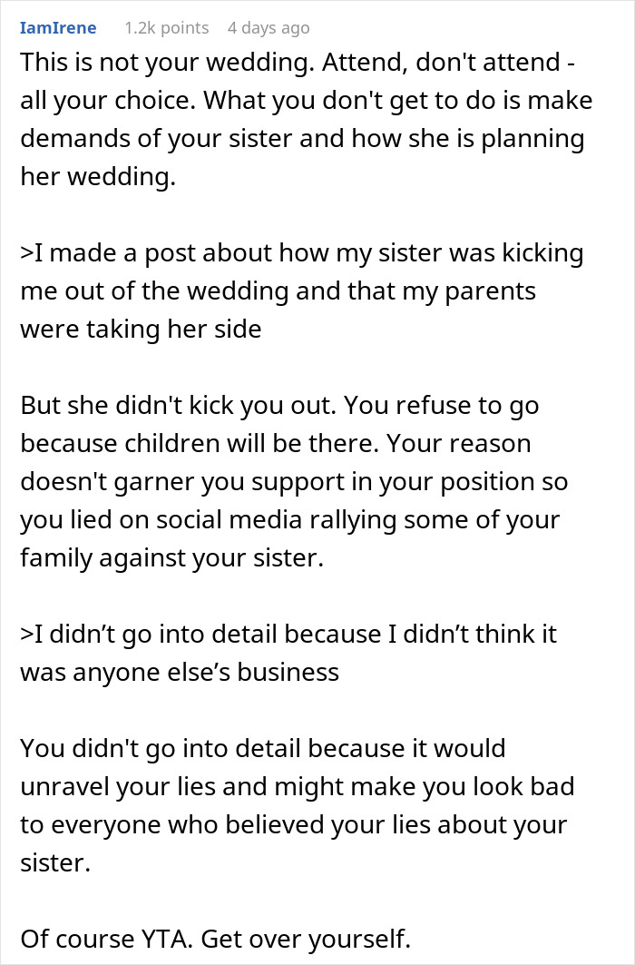 Woman Seeks Support After Being “Uninvited” From Sister’s Wedding, Gets Dragged Instead Woman Seeks Support After Being “Uninvited” From Sister’s Wedding, Gets Dragged Instead