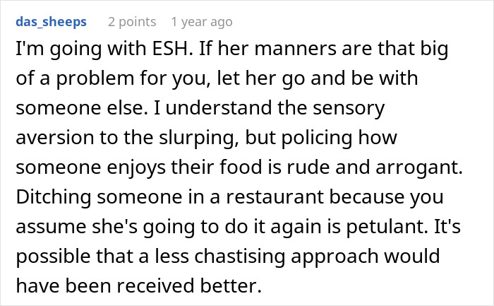 Screenshot of a Reddit comment discussing a woman ordering spaghetti despite promising her boyfriend she wouldn&rsquo;t at a restaurant.