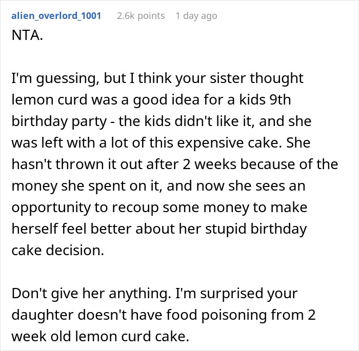 Woman Is In Disbelief After Sister Asks Her To Chip In For The Cake That Her Daughter Ate 2 Pieces Of Woman Is In Disbelief After Sister Asks Her To Chip In For The Cake That Her Daughter Ate 2 Pieces Of