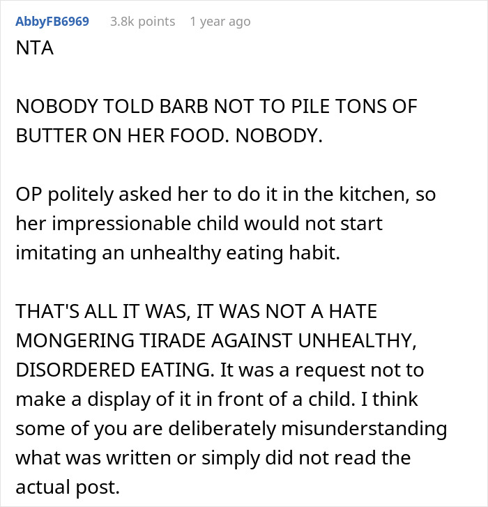 Woman Asks SIL To Stop Putting Butter On Her Food In Front Of Her Daughter