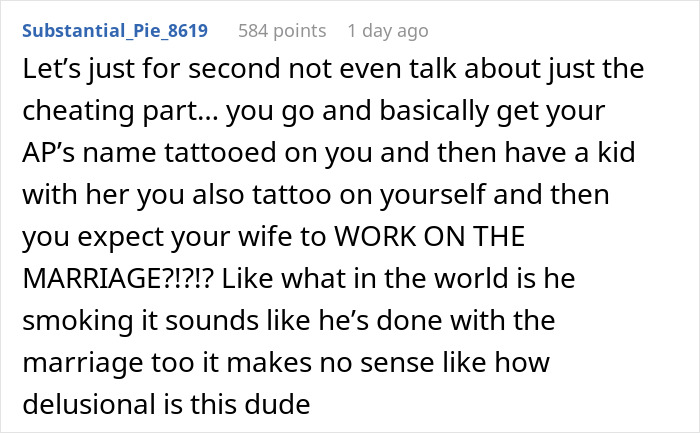 Reddit comment discussing an affair involving a husband's tattoo, highlighting relationship issues. Reddit comment discussing an affair involving a husband's tattoo, highlighting relationship issues.