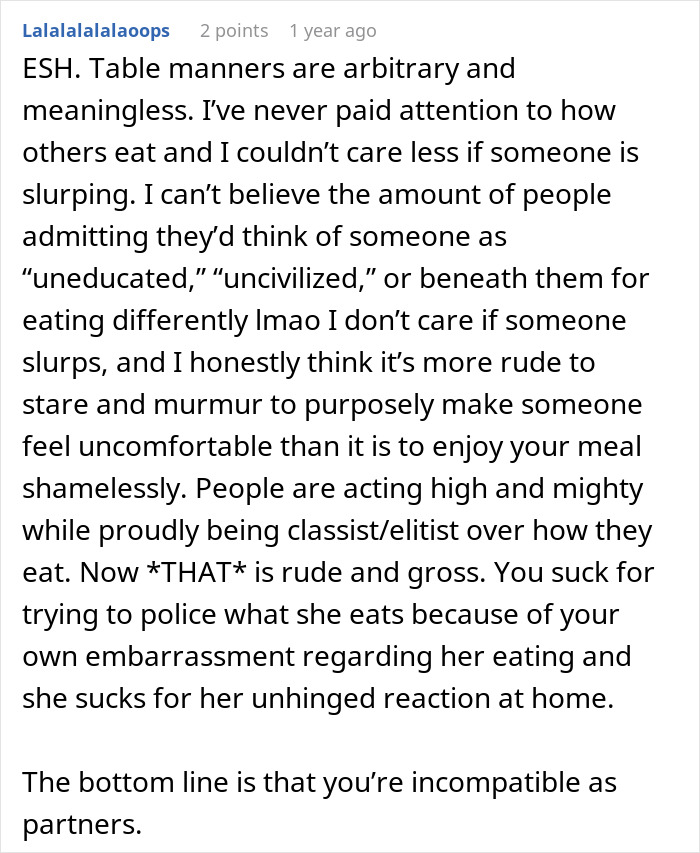 Screenshot of a Reddit comment discussing table manners and reactions when a woman orders spaghetti against her boyfriend's wishes.