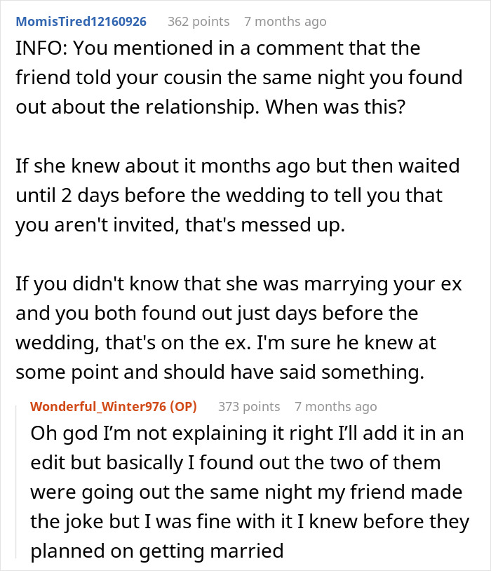 Woman Offended She Was Uninvited From Her Cousin&rsquo;s Wedding With Her Ex, Tells Everyone About It