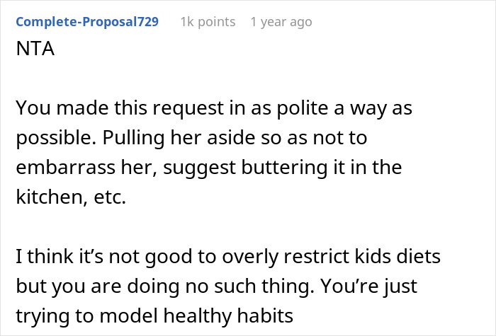 Woman Asks SIL To Stop Putting Butter On Her Food In Front Of Her Daughter