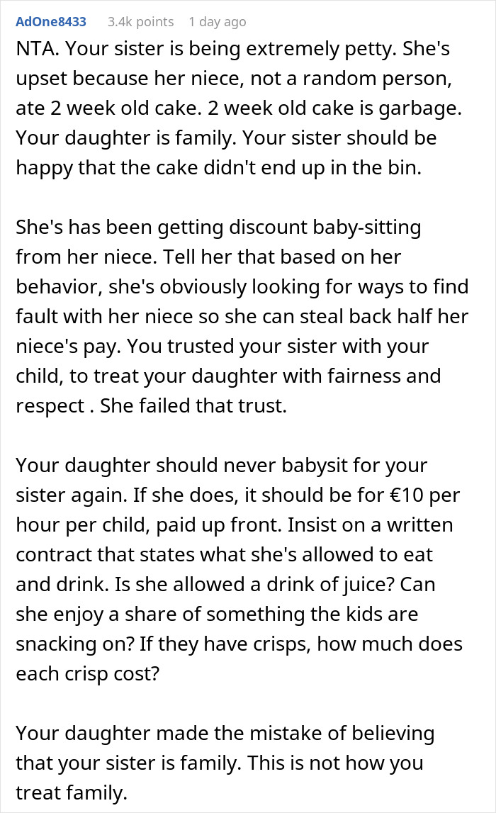 Woman Is In Disbelief After Sister Asks Her To Chip In For The Cake That Her Daughter Ate 2 Pieces Of Woman Is In Disbelief After Sister Asks Her To Chip In For The Cake That Her Daughter Ate 2 Pieces Of