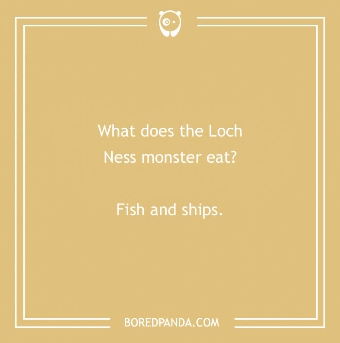 "Funny country joke card asking what the Loch Ness monster eats: Fish and ships."