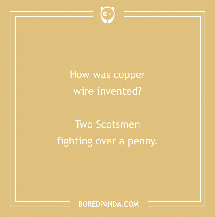 Funny country joke about copper wire invention with Scotsmen on beige background.