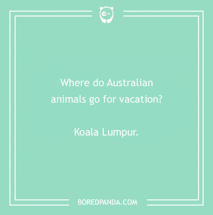 Green image with a funny country joke about Australian animals vacationing in "Koala Lumpur."