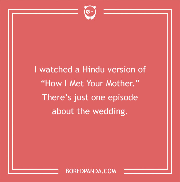 Funny country joke about a Hindu version of a TV show with a single wedding episode on a red background.