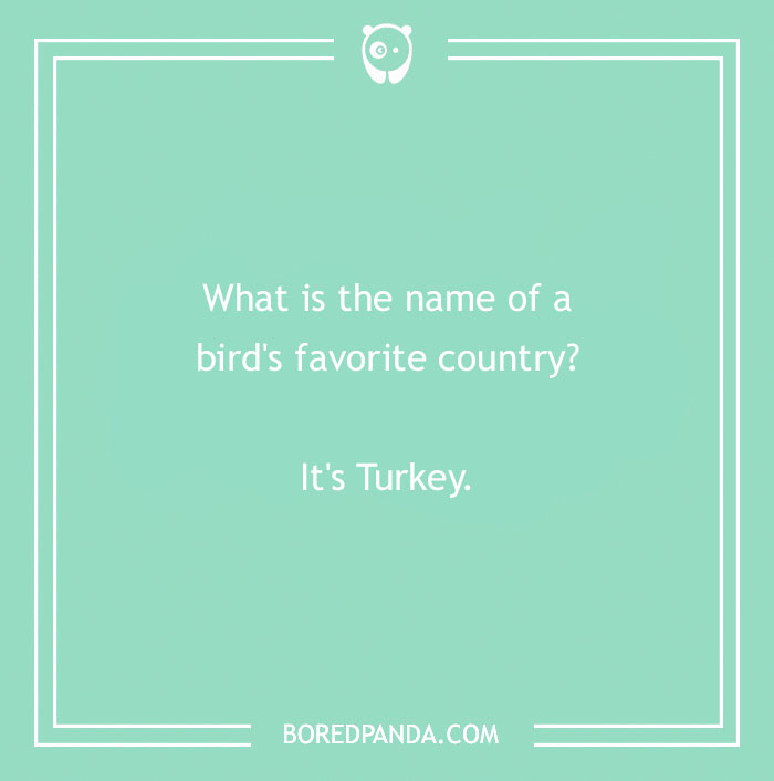Funny country joke about a bird's favorite country, featuring a playful pun on "Turkey."