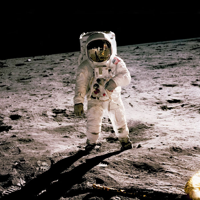 Apollo 11 astronaut Buzz Aldrin walks on the surface of the moon