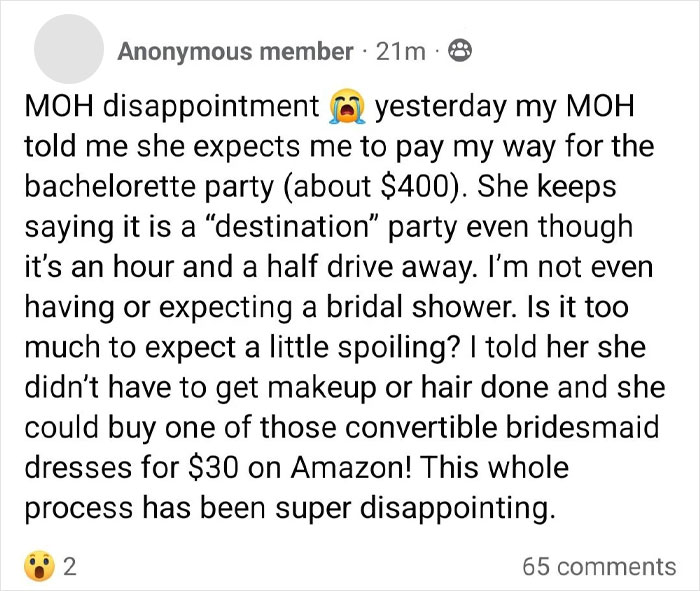 &ldquo;Is It Too Much To Expect A Little Spoiling?&rdquo;: Bride Upset After Covering Bachelorette Costs