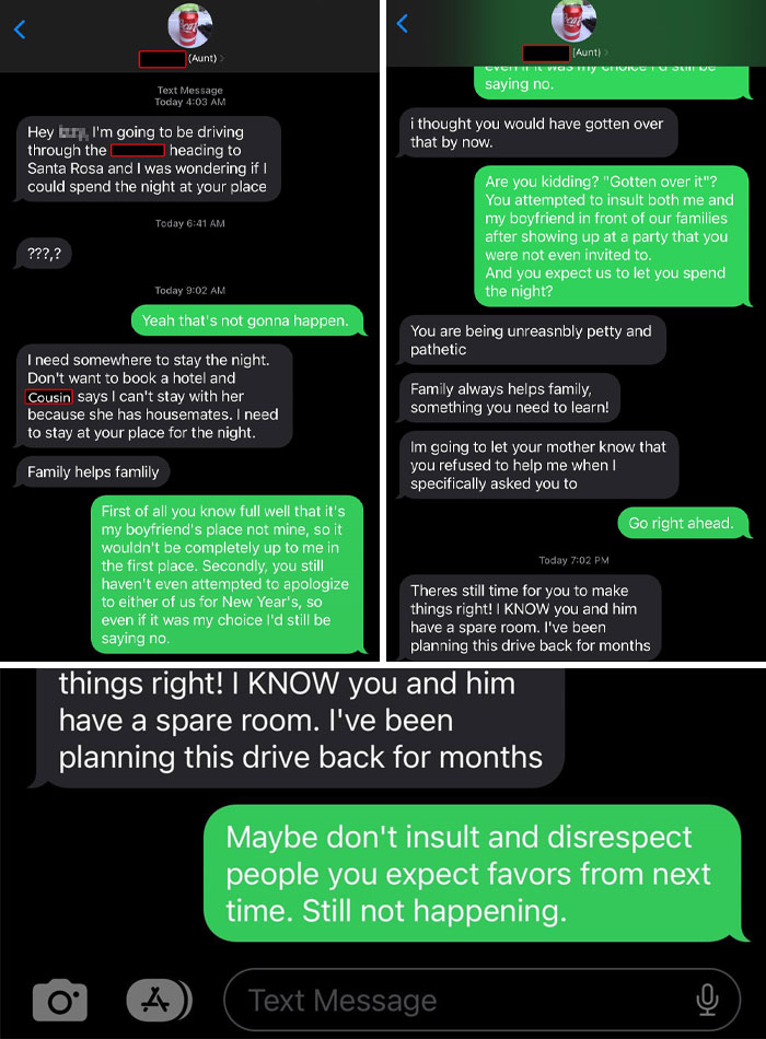 My Aunt (Very Low Contact) Continues To Ask To Spend The Night At My And My Boyfriend’s Place After Openly Attacking Us At A Party She Wasn’t Even Invited To