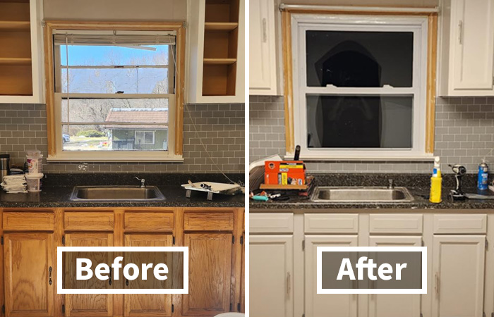 Before and after kitchen makeover with painted cabinets, new gray tile backsplash and sink, kitchen feel like new