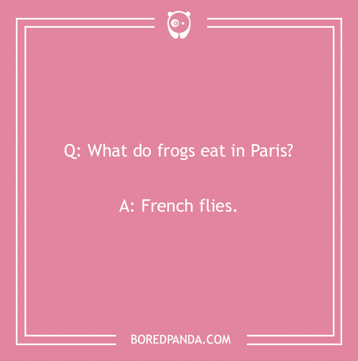 Text on pink background featuring a French joke: "What do frogs eat in Paris? French flies."