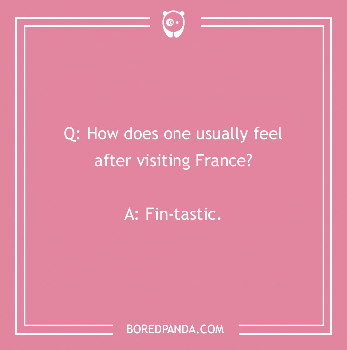 Image with a punny French joke: "How does one usually feel after visiting France? Fin-tastic."