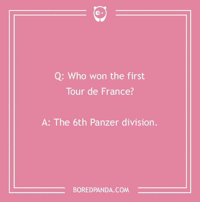 French joke about the Tour de France with a humorous twist, set on a pink background.