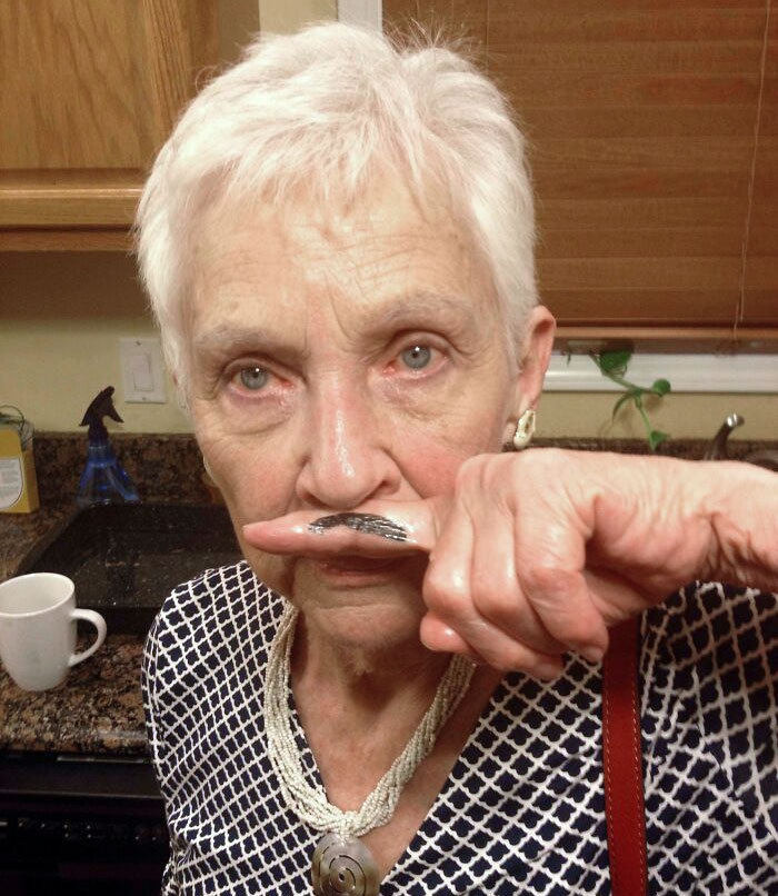 My Grandmother Didn't Understand When I Told Her, "They're Temporary Mustache Tattoos For Your Finger",  But She Still Played Along Because It Was My Birthday