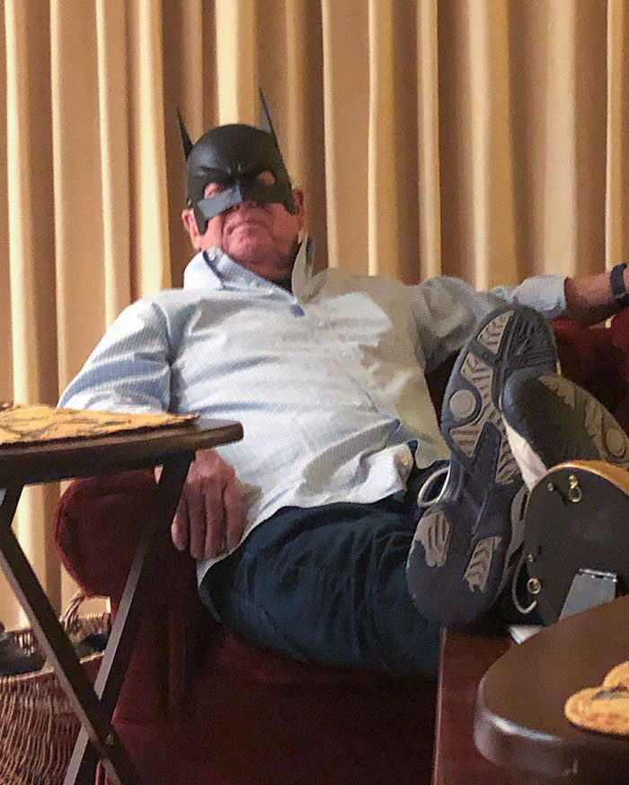 My Grandpa Recently Got A New Car That’s Black, He Nicknamed It The "Batmobile", I Came Over For Dinner And He Came Out Wearing This