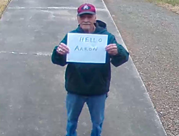 My Grandpa Mac, 92 Years Old, Just Got New Security Cameras Around His House. He Has My Cousin, Aaron, And I On The Online Login, So He Sends Us Random Messages Through The Cameras