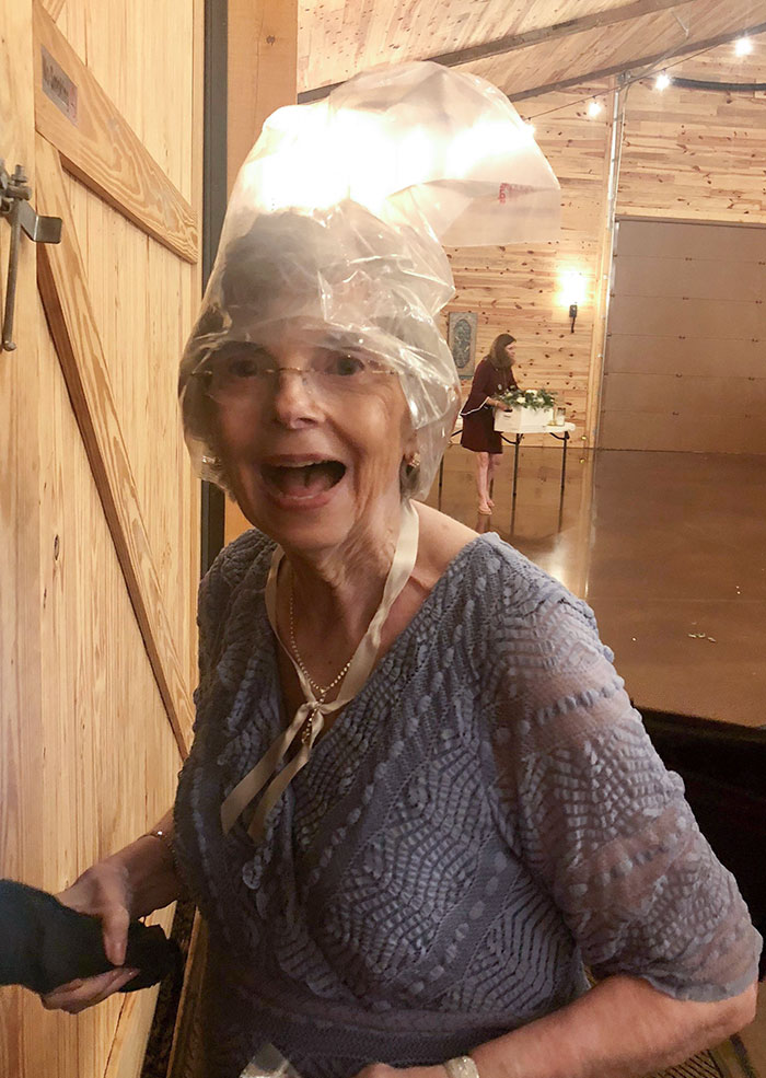 My Grandma Trying To Keep Her Hair Dry After My Wedding