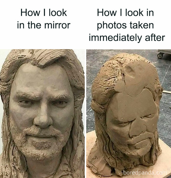 Two clay sculptures: one detailed, one distorted, humorously depicting self-perception versus reality. Relatable memes theme.