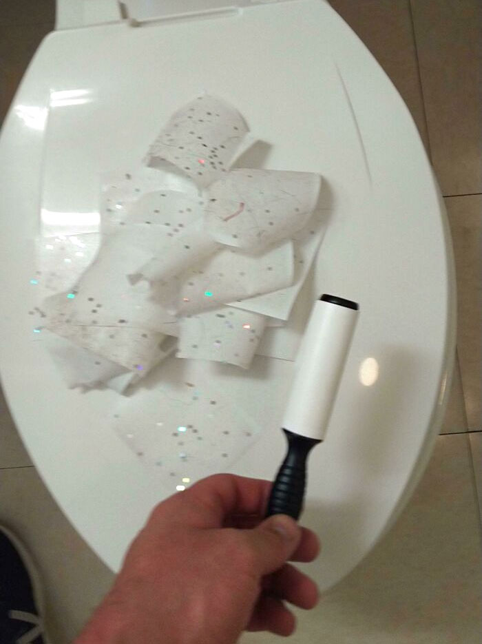 Two-Dollar Lint Roller, And Some Knee Time. Kid's Bathroom Is Finally Free Of Glitter