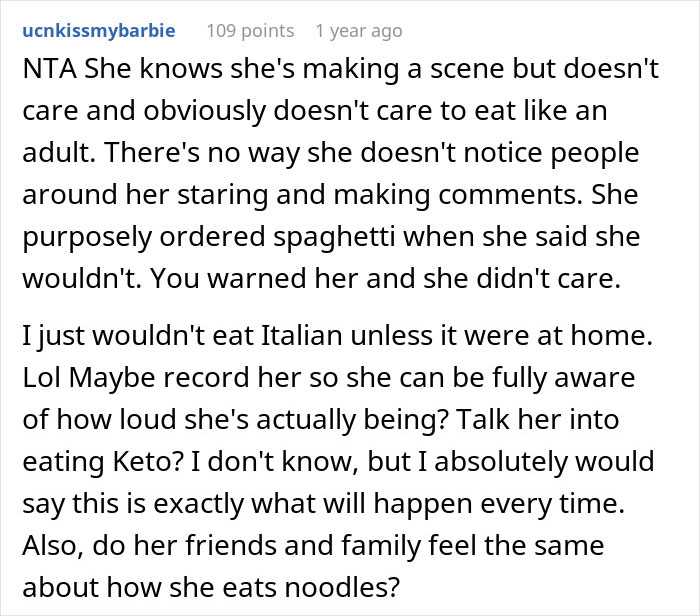 Screenshot of a forum comment discussing a woman ordering spaghetti against her promise, causing conflict at a restaurant.